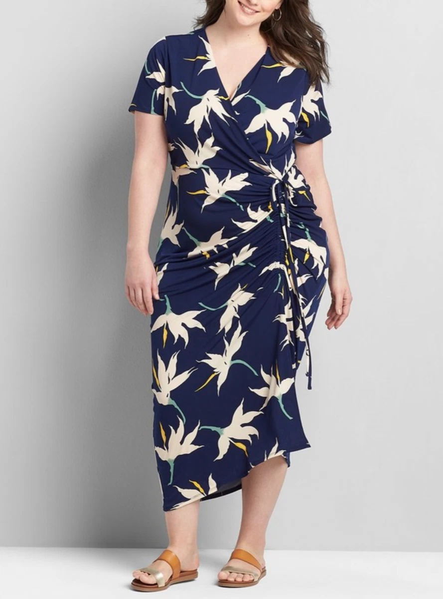 LANE BRYANT WOMEN S NAVY BLUE CROSSOVER SIDE DRAWSTRING MAXI DRESS