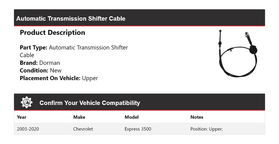 Cable de palanca de cambios superior 2004 2005 para Chevrolet Express 3500 Dorman AT 2003-2020 Foto 2 de 4