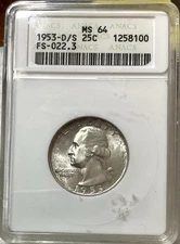 1953-D/S Washington Quarter ANACS MS64 OMM FS-601 (022.3) Sm White Soapbox Toned