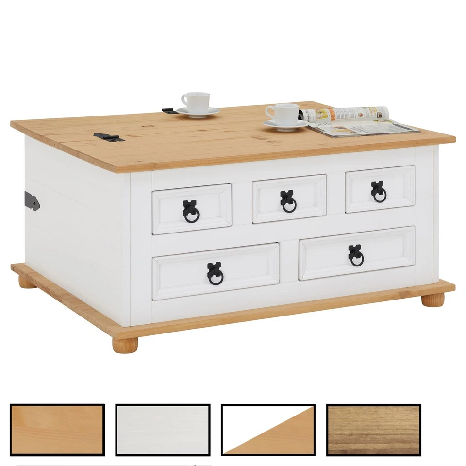 Table basse coffre malle rangement avec 5 tiroirs style mexicain en pin massif - Photo 1/1