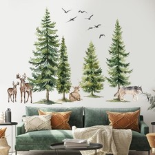 Green Pine Tree Wall Sticker Woodland Animals Wall Decal Peel and Stick Fores...