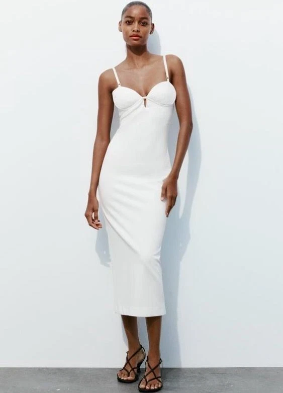 chinese dress ladies Zara White Tiered Cotton-Linen Midi Dress