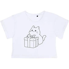 'Cute Kitten with Gift' Women's Cotton Crop Tops (CO053898)