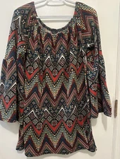 Win-Win Bell Sleeve Off  Shoulder Chevron Print Multi Colored Tunic Blouse L/XL