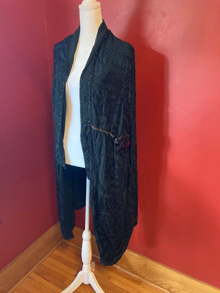 Edwardian Flapper Antique Black Hand Beaded Opera Cape Art Nouveau Evening Wrap - Image 2 of 4