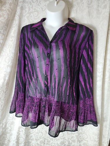 FASHION BUG VTG PLEATED, SEQUINED, BLACK & PURPLE BUTTON FRONT BLOUSE 3X NWT5331 - 第 1/9 張圖片