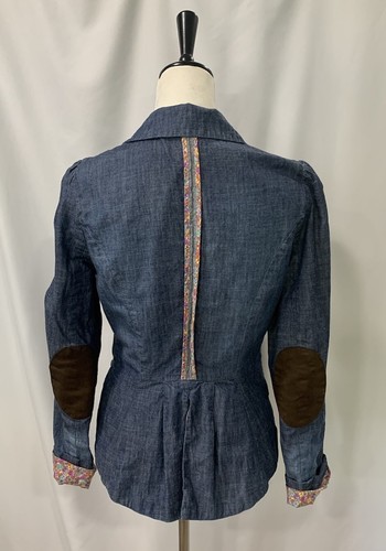 Jolt Blue Chambray Denim Floral Fitted Blazer Medium Preppy 90’s Elbow Patches - Picture 3 of 21
