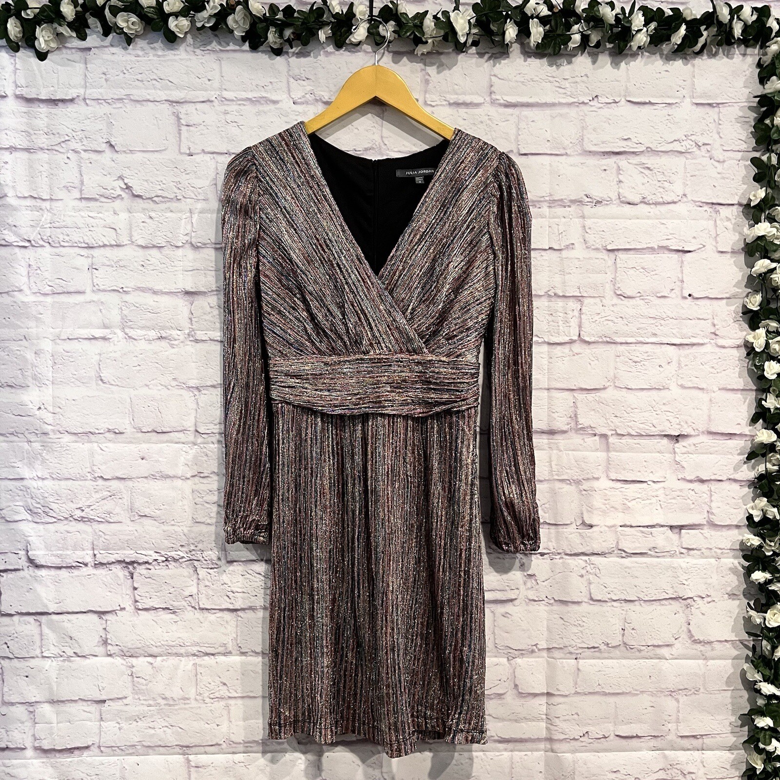 Julia Jordan Multi Colored Shimmery Stripe Metallic Long Sleeve Faux Wrap Dress thumbnail 3