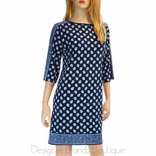 MICHAEL KORS Navy Blue 3/4 Dolman Sleeve Geometric Paisley Print Shift Dress