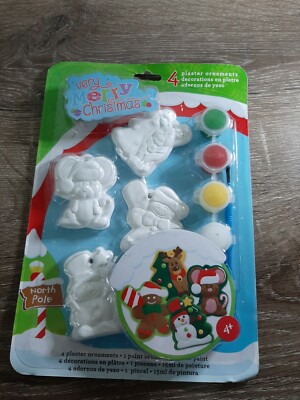 Very Merry Christmas 4 Plaster Christmas Ornaments Kit For Kids. One is broke 