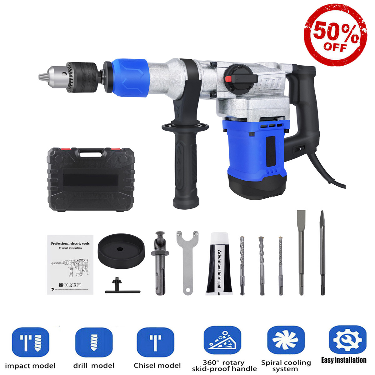 1500W Electric Rotary Hammer Drill SDS Plus Rotary Hammer Drill Drill  Bits Set