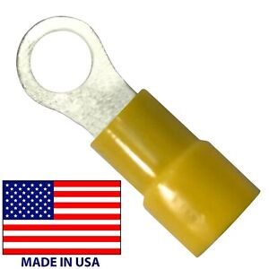 50 12-10 AWG 1/4" Yellow Vinyl Ring Terminal Electrical Connector Made In USA