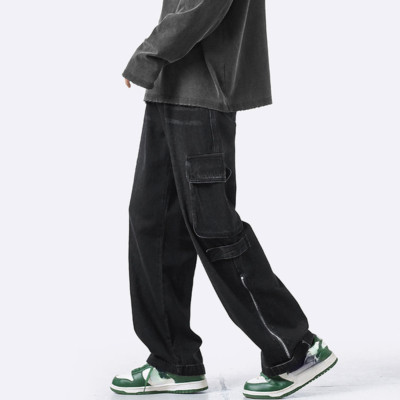 Men Pocket Denim Pants Cargo Trousers Casual Baggy Jeans Zip Harajuku Retro  Long