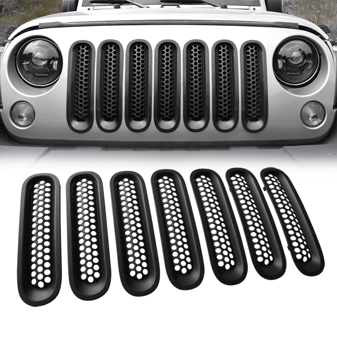 7Pcs Matte Black Front Grille Inserts Mesh Cover For Jeep Wrangler JK 2007-2018