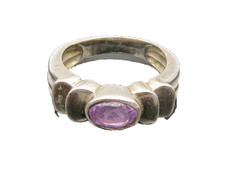 925 Sterling Silver Vintage Faceted Amethyst Ribbed Band Ring Sz 7 RG21923