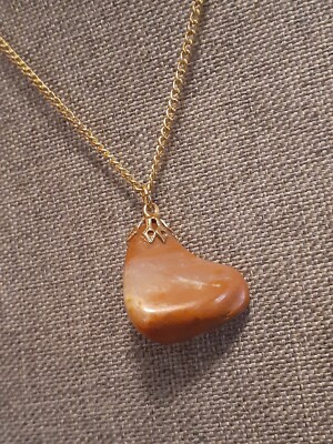 Vintage free form agate gemstone pendant gold tone metal.necklace 18''