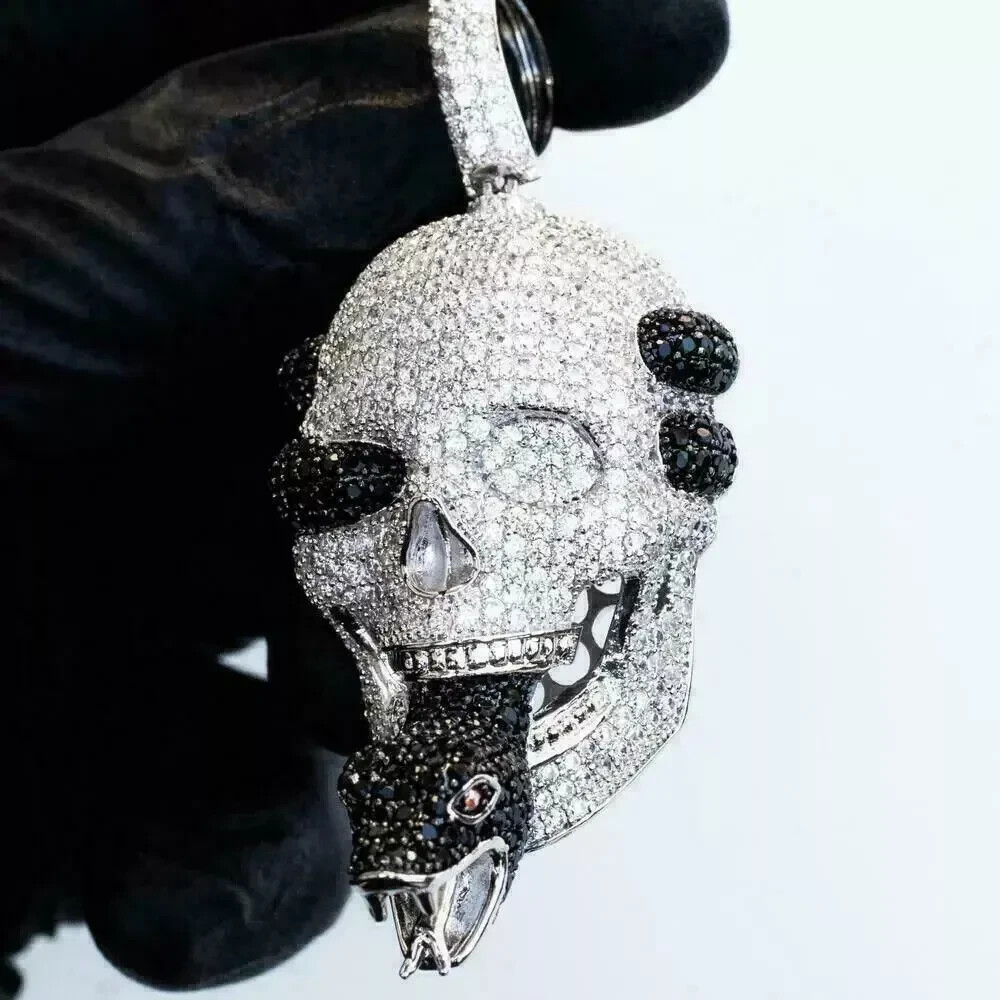 5CT Black and White Diamond Skull Snake Pendant in 14K White Gold