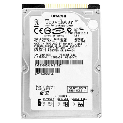 Hard Drive Hitachi 60GB HTS421260H9AT00 2MB Cache 4200RPM ATA-100 IDE 2.5" Inch