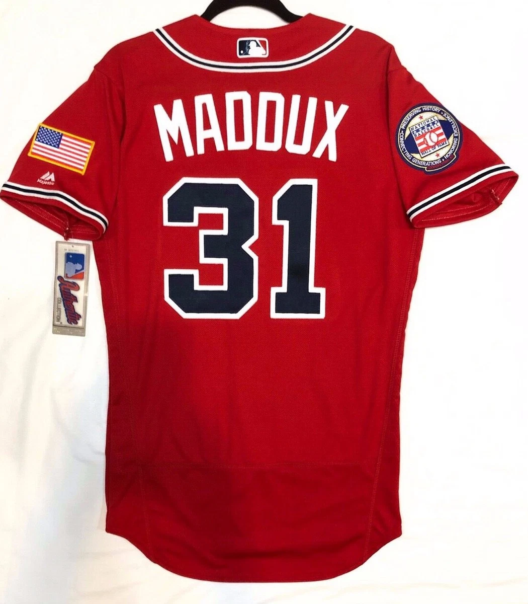 Authentic Majestic 52 2XL, ATLANTA BRAVES RED FLEX BASE GREG MADDUX Jersey