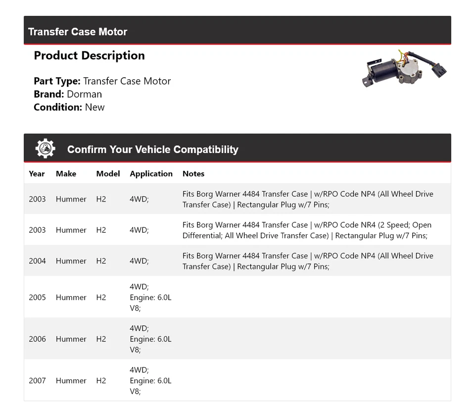 Motor de caja de transferencia Dorman 4x4 Hummer H2 2003-2007 2004 2005 2006 Foto 2 de 4