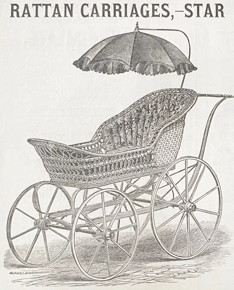 Antique 1881 Victorian Print Ad Rattan Wicker Baby Carriage Heywood Wakefield Co