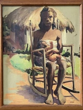 🔥 Antique Modern 1930s WPA Black Carribean Woman Child Portrait Painting, UNGAR