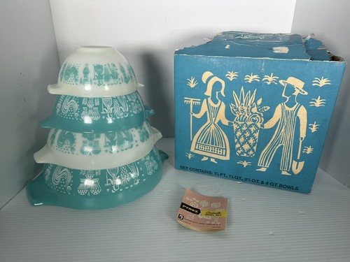 Pyrex Amish Turquoise Teal Butterprint Cinderella Nesting Mixing Bowls Set of 4 - Picture 4 of 20