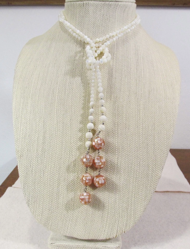 TARA MESA Rosa Madreperla Mosaico Cuentas y Blanco MOP Envoltura Abierta Collar Lariat Foto 4 de 4