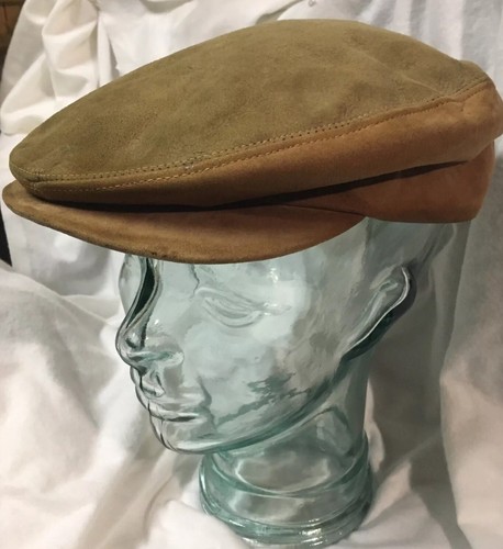 Vintage Suede Leather Flat Cap Hat Two Tone Tan Brown Newsboy Beret Made in USA