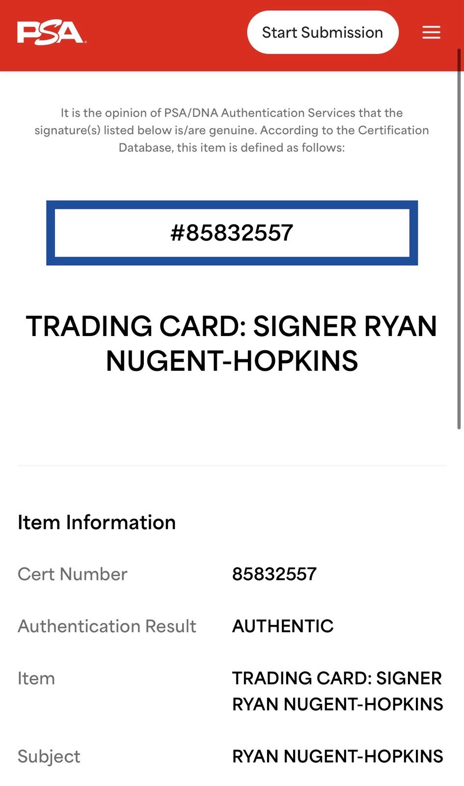 Ryan Nugent-Hopkins Signed Card PSA DNA PSA/DNA Auto Slabbed Elite Rookie Stars view 3