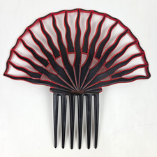 Vintage Large Art Deco Hair Comb Red Black Openwork Fan Mantilla Style