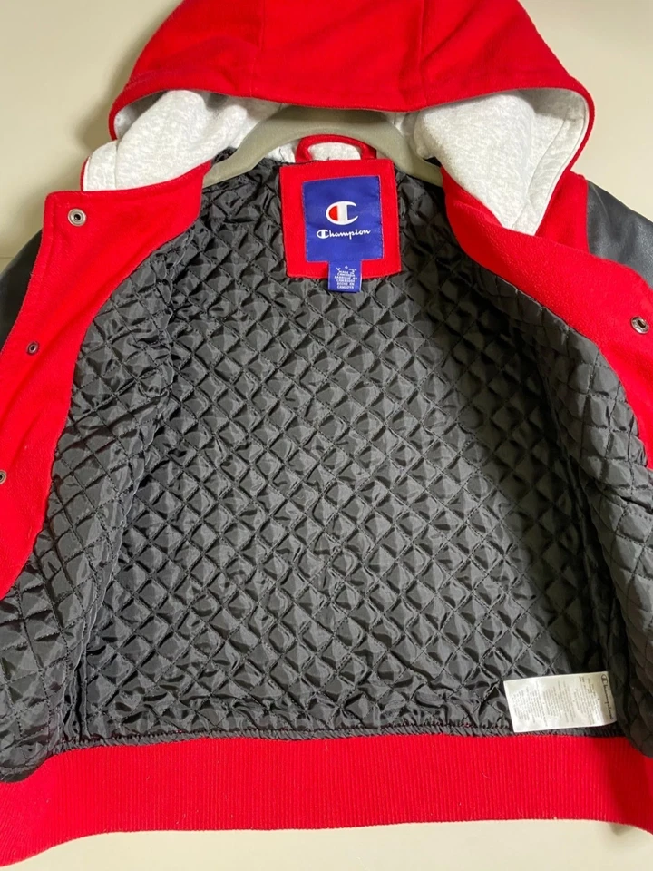 Champion Kids Hooded Red Black Varsity Jacket Size 6 Faux Leather Sleeves - Image 3 of 4
