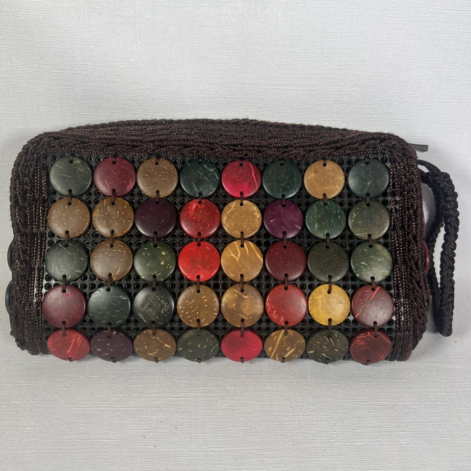 Crochet Multicolor Wooden Women’s Wallet Wristlet Barrel Shaped Zip Structured - Image 3 of 4