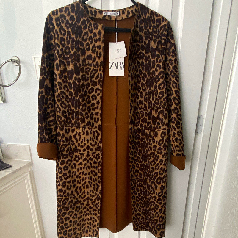 Zara Join Life Leopard Print Faux Leather Overcoat S Open Front Lined Pockets