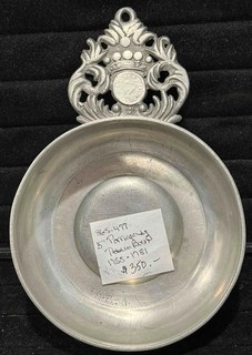 18th C. Antique Pewter Porringer Crown Handle Marked BUSH Bristol England