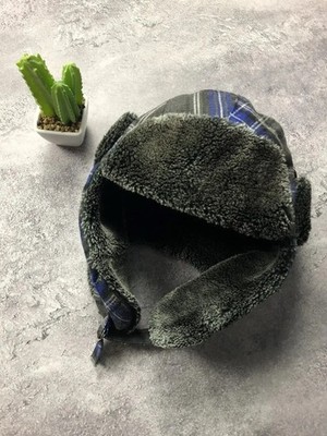 USHANKA Hat Vintage Hype Mohair Streetwear Japans Style Y2k Checkered Blue Rare