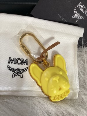 MCM Frenchie Bull Dog Face Keychain NEW Bag Charm Yellow /Gold