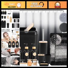 32PCS Black Bathroom Set with Shower Curtain, Rugs  Trash Can - Stylish Accesso