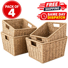 Seagrass Storage Baskets Set of 4  Woven Shelf Organiser Boxes with Handles Boho