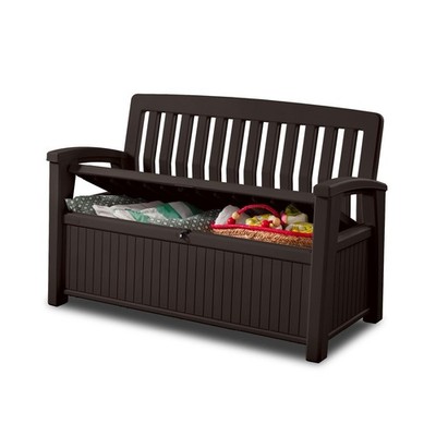 Keter 60 Gallon Storage Bench Deck Box for Patio Furniture, Front Porch Decor...