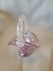 Fenton Pink Iridescent Glass Mini Basket With White Iridescent Striped Handle