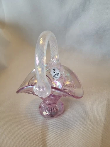Fenton Pink Iridescent Glass Mini Basket With White Iridescent Striped Handle