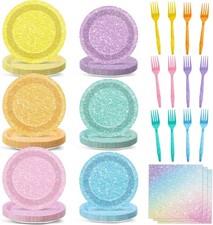 CHUNNIN Pastel Rainbow Party Plates Napkins Forks Set