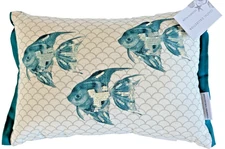 Coastal Collection Angel Fish Sequins Mermaid Print Decor Pillow Blue White