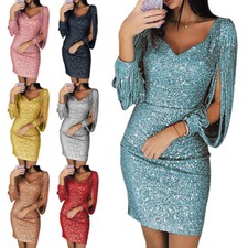 Women's Sequin Tassel Bodycon Dress Ladies Long Sleeve Clubwear Party Dresses US