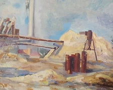 Vintage impressionist oil painting landscape factory