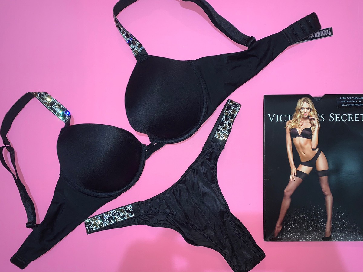 Victoria's Secret 32C BRA SET+GARTER+SUSPENDERS BLACK silver