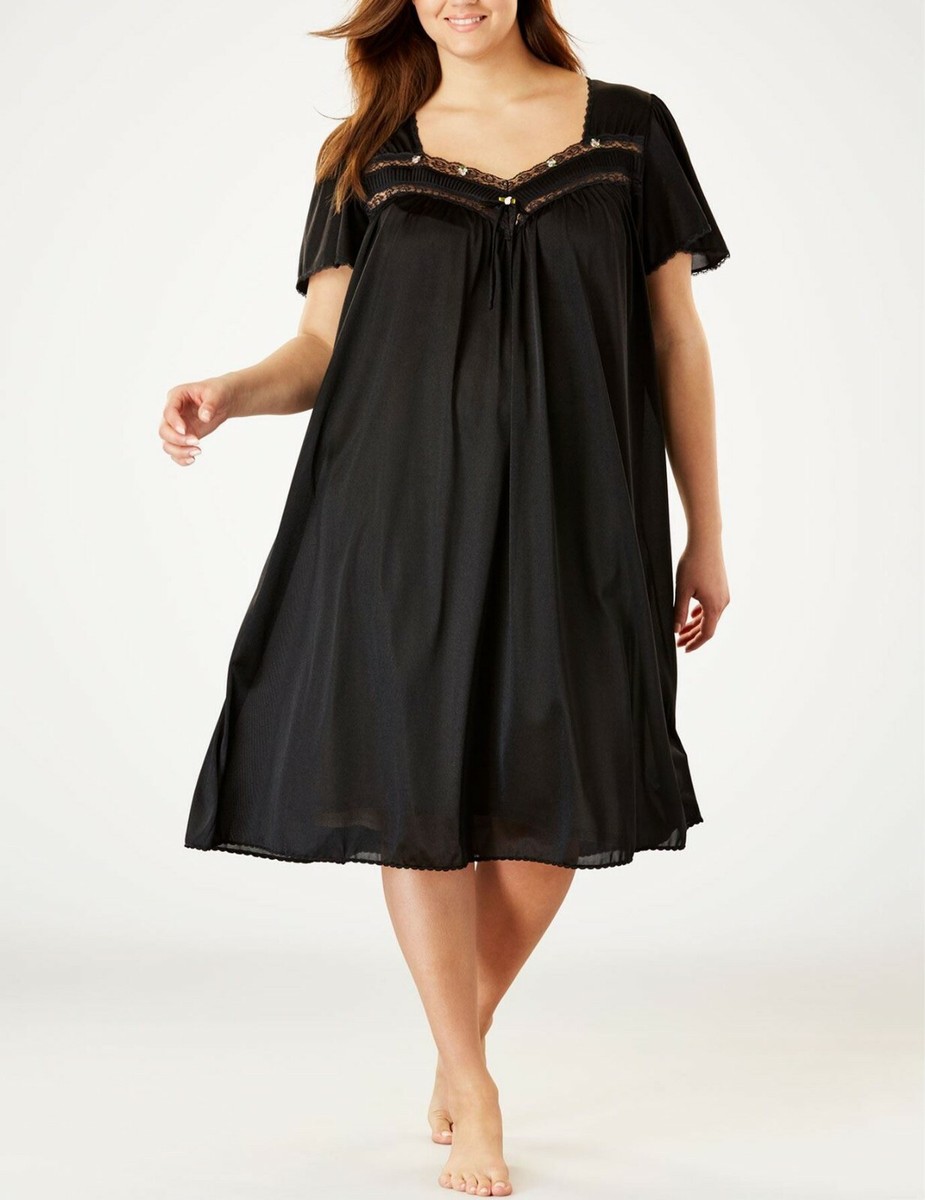 Only Necessities Plus Size Black Short Silky Lace-Trim Nightgown