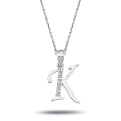 Buchstaben Halskette mit Diamanten - K in 14 Karat Weißgold