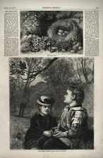 VINTAGE 1872 WOOD ENGRAVING - BOY & GIRL WOODCUT WITH BIRD AND NEST - Harper's
